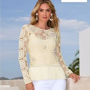 Boston Proper Embellished Crochet Fringe Pullover